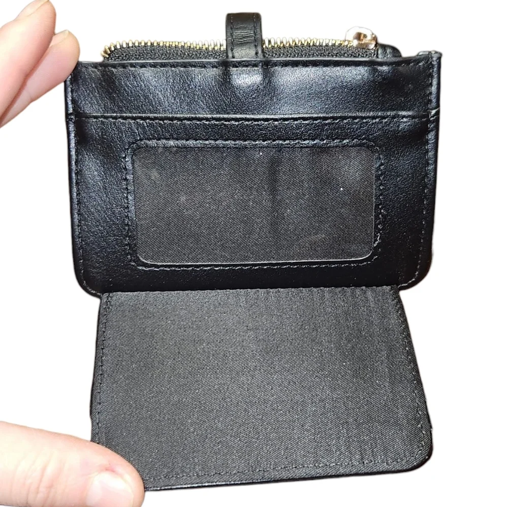 Black Faux Leather Slim Card Holder Wallet with Gold Hardware & ID Window